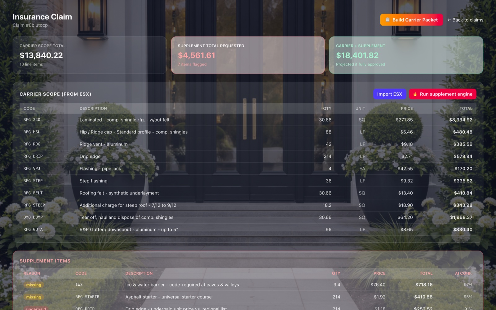 Kontracks insurance claims dashboard with adjuster supplements and RCV tracking