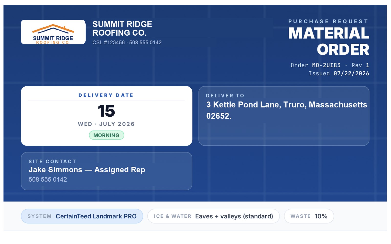 Kontracks auto-generated material order — branded purchase request with delivery date, site contact, and itemized roofing system